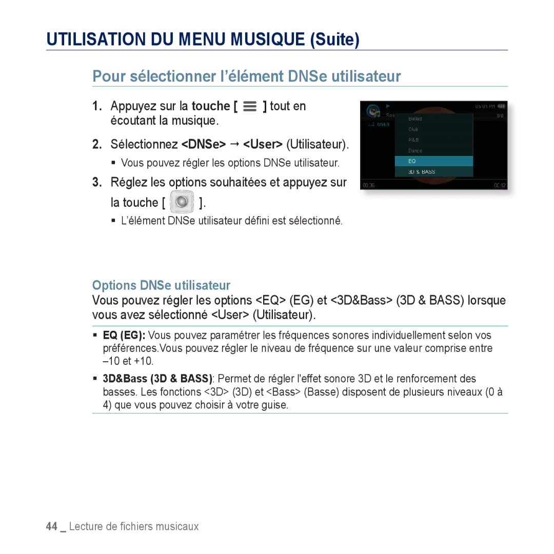 Samsung YP-CP3ABB/XEF Pour sélectionner l’élément DNSe utilisateur, Réglez les options souhaitées et appuyez sur La touche 