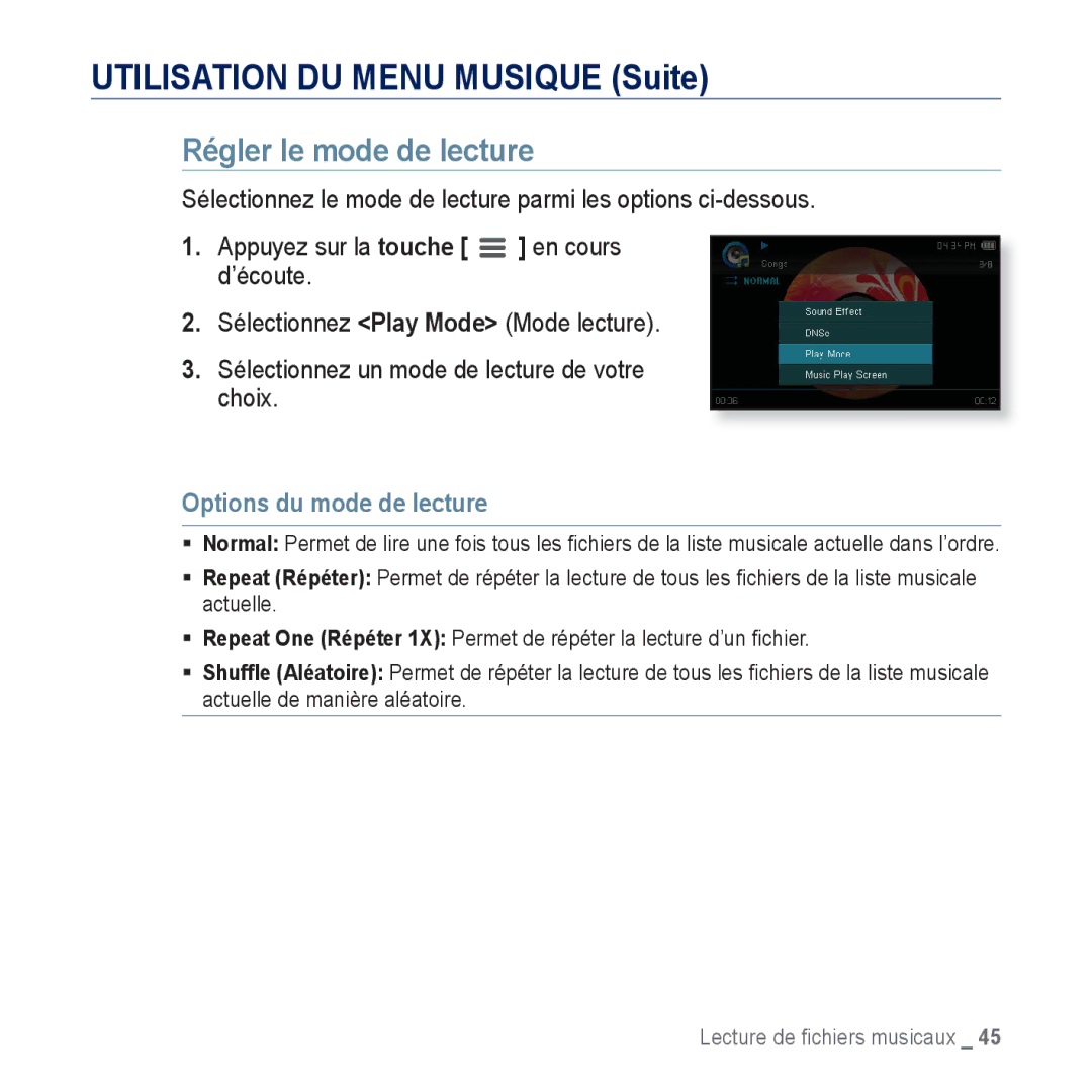 Samsung YP-CP3AB/XEF, YP-CP3ABB/XEF manual Régler le mode de lecture, Options du mode de lecture 