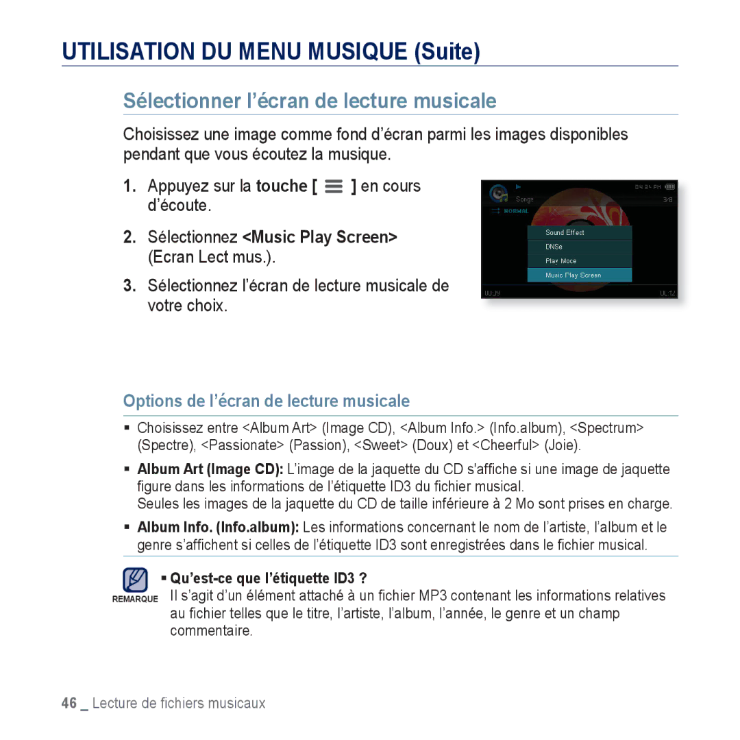 Samsung YP-CP3ABB/XEF, YP-CP3AB/XEF manual Sélectionner l’écran de lecture musicale, Options de l’écran de lecture musicale 