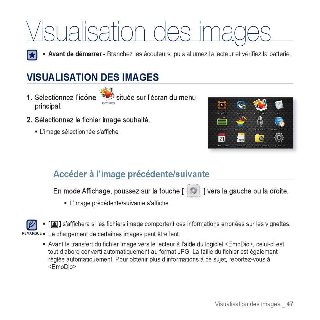 Samsung YP-CP3AB/XEF, YP-CP3ABB/XEF manual Visualisation DES Images, Accéder à l’image précédente/suivante 