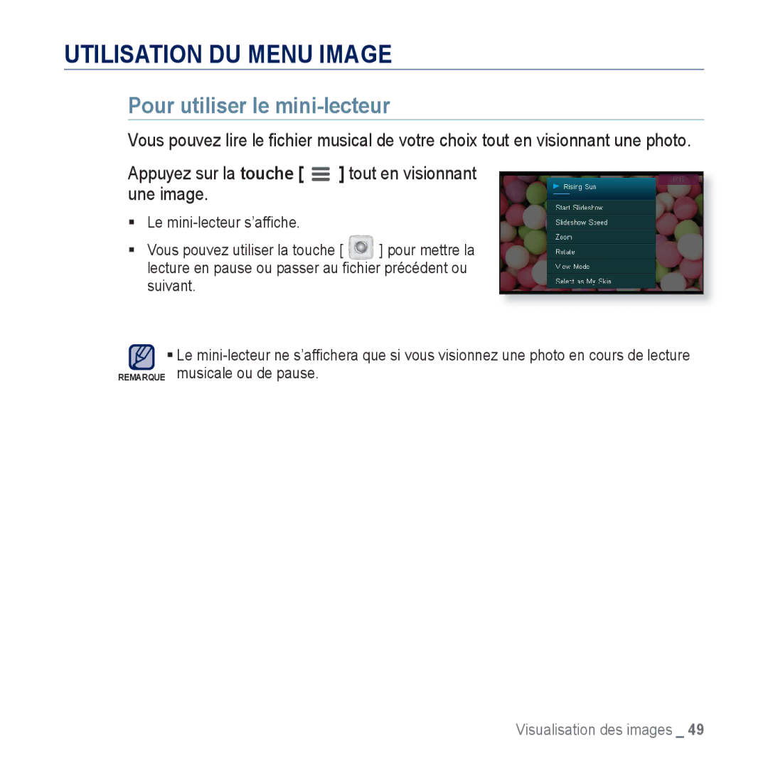 Samsung YP-CP3AB/XEF, YP-CP3ABB/XEF manual Utilisation DU Menu Image, Pour utiliser le mini-lecteur 