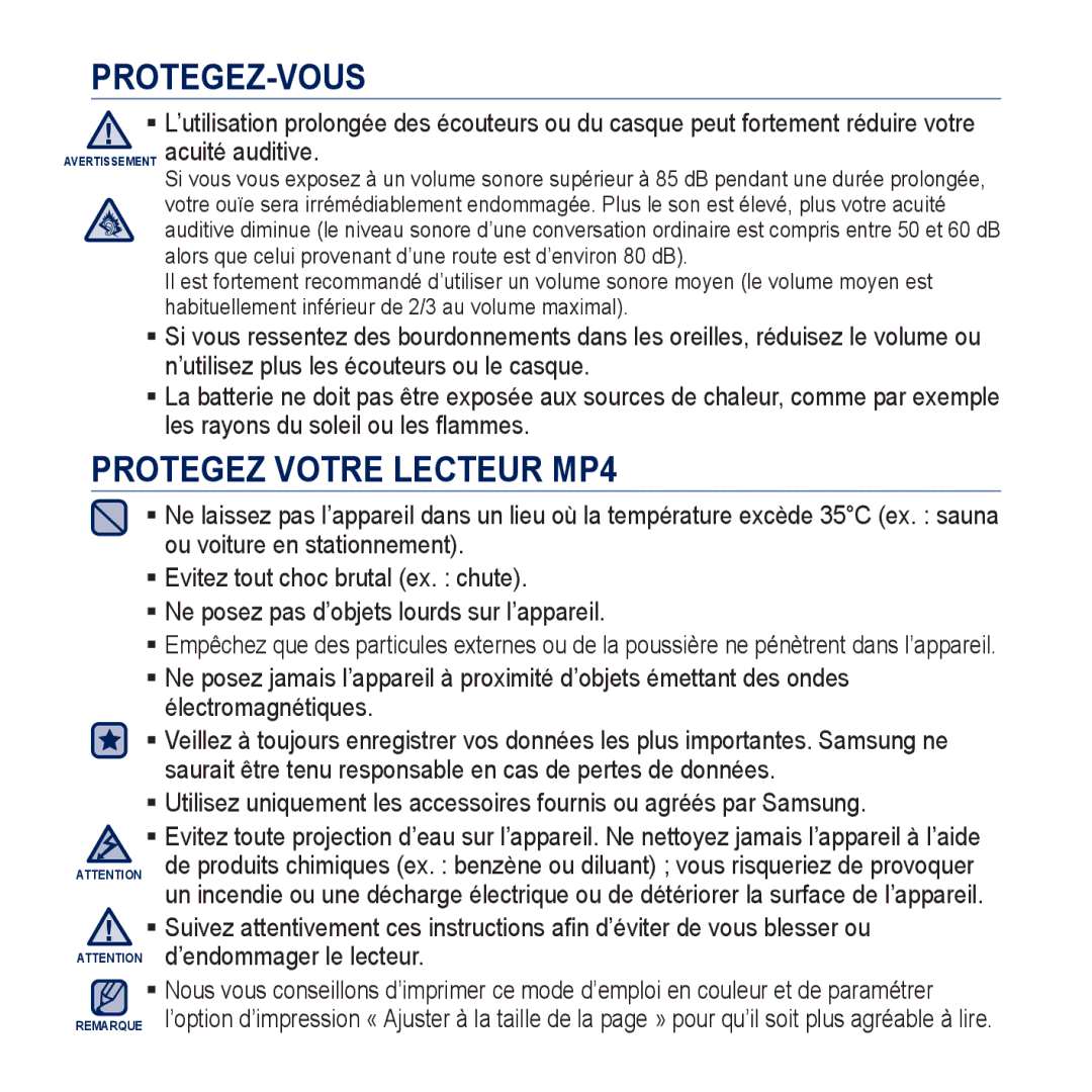 Samsung YP-CP3AB/XEF, YP-CP3ABB/XEF manual Protegez Votre Lecteur MP4 