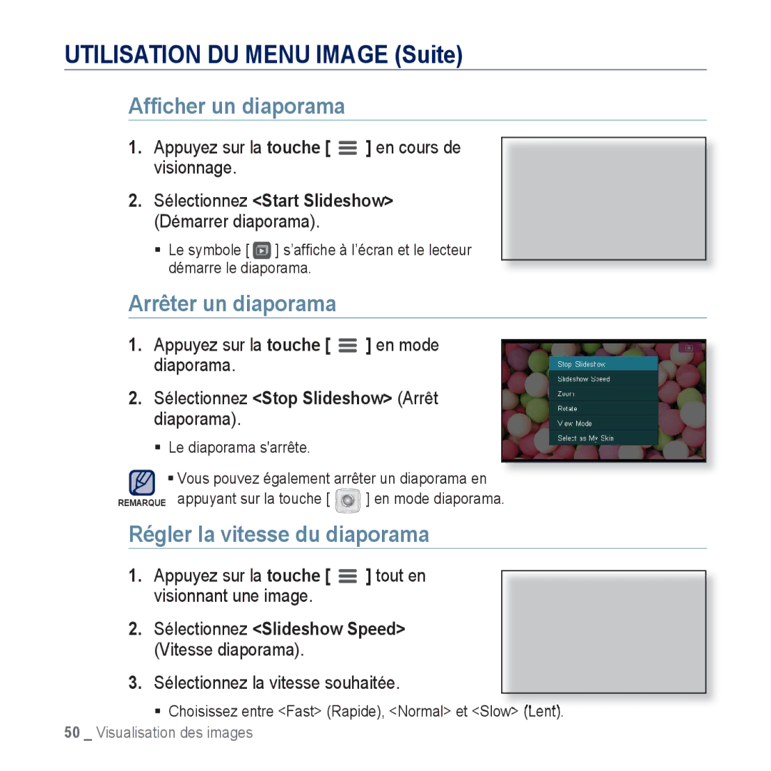 Samsung YP-CP3ABB/XEF, YP-CP3AB/XEF manual Utilisation DU Menu Image Suite, Afﬁcher un diaporama, Arrêter un diaporama 