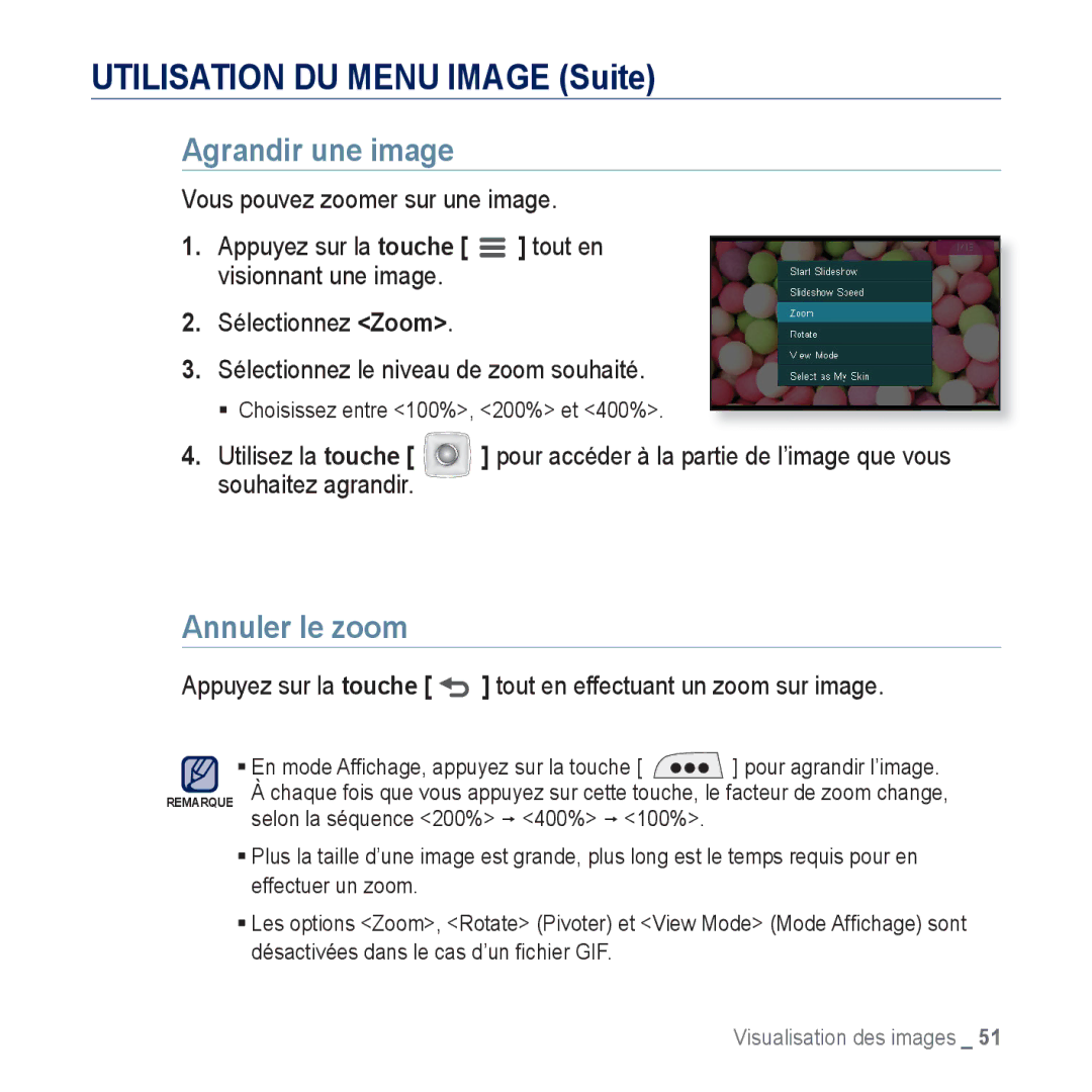 Samsung YP-CP3AB/XEF, YP-CP3ABB/XEF manual Agrandir une image, Annuler le zoom, Souhaitez agrandir 