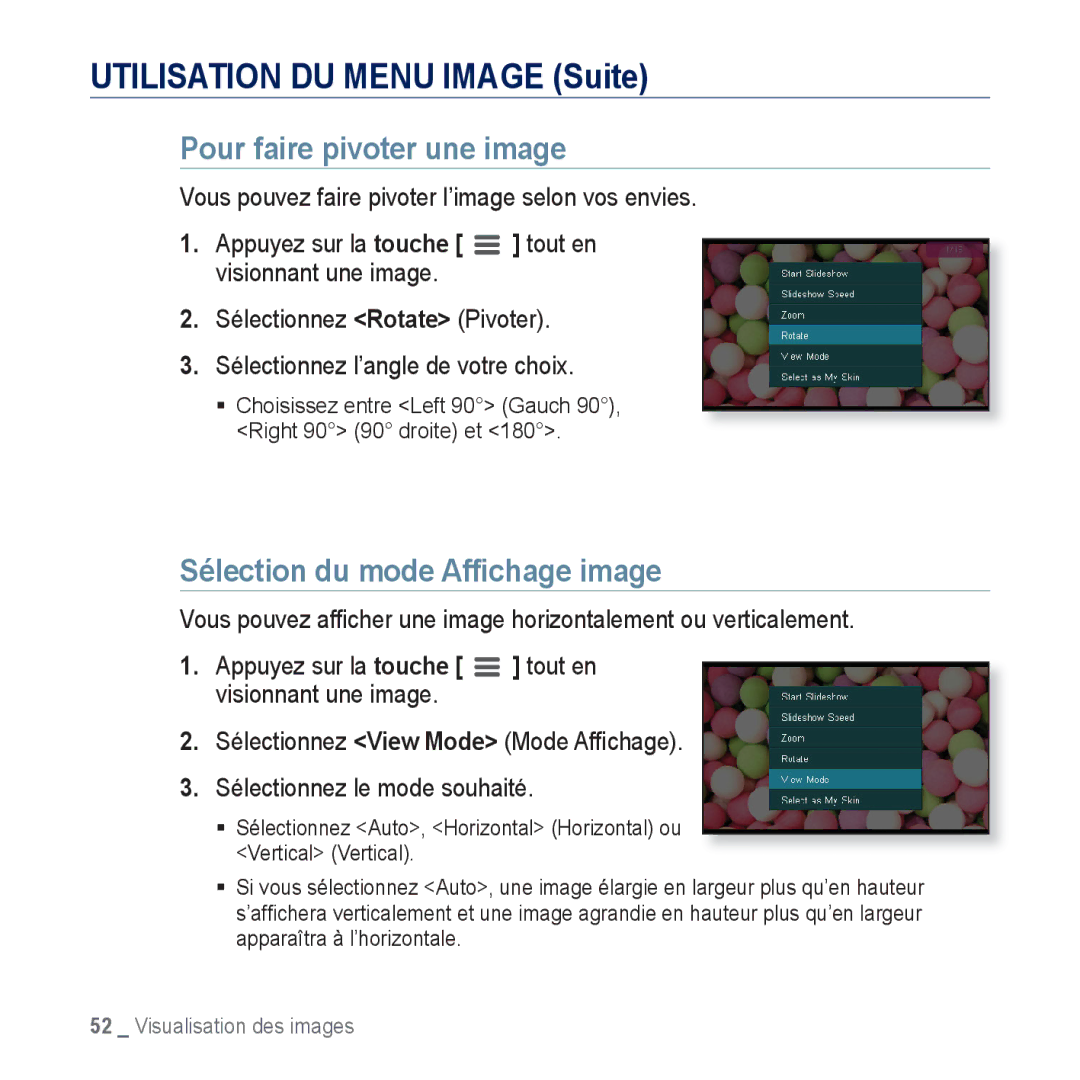 Samsung YP-CP3ABB/XEF, YP-CP3AB/XEF manual Pour faire pivoter une image, Sélection du mode Afﬁchage image 