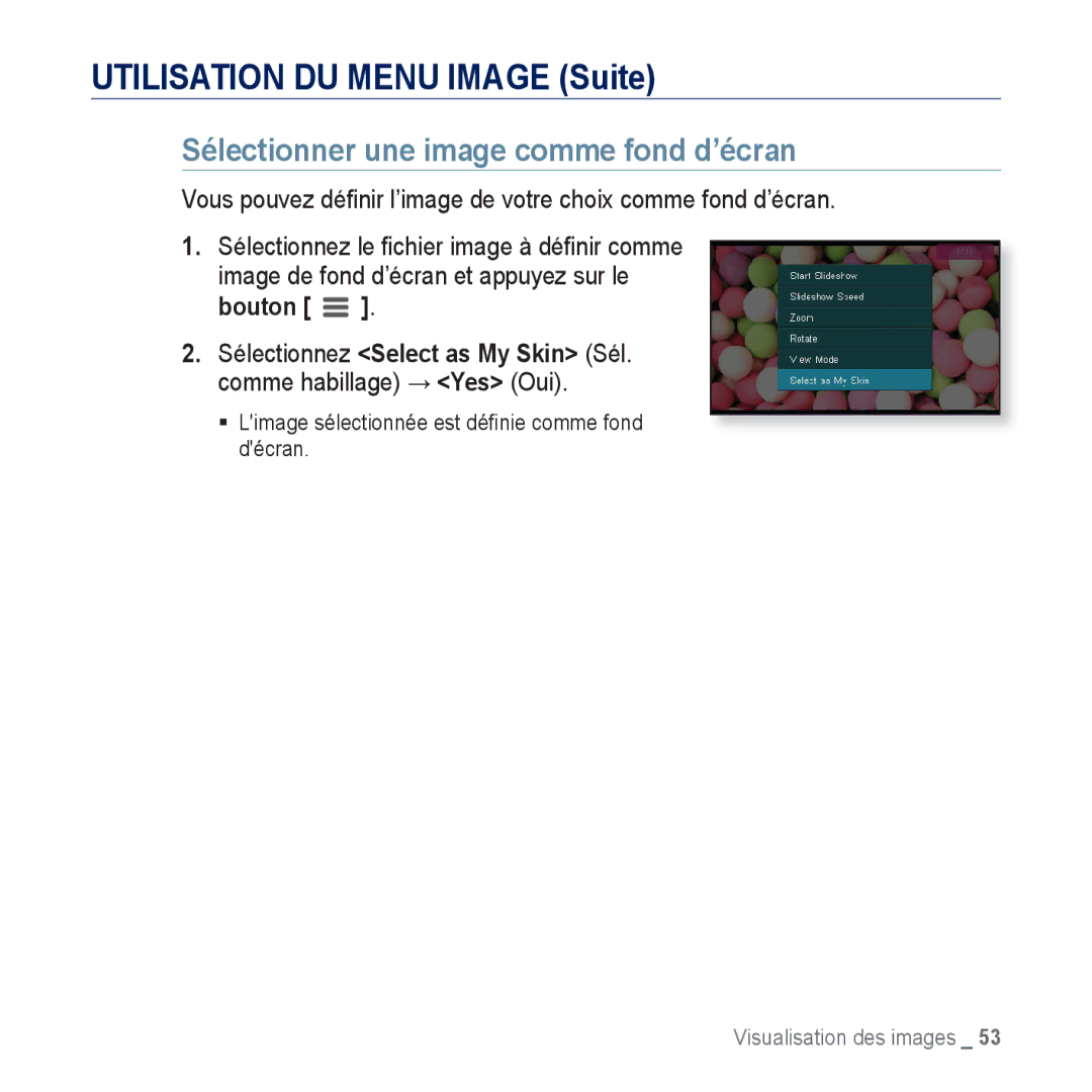 Samsung YP-CP3AB/XEF, YP-CP3ABB/XEF manual Sélectionner une image comme fond d’écran, Sélectionnez Select as My Skin Sél 