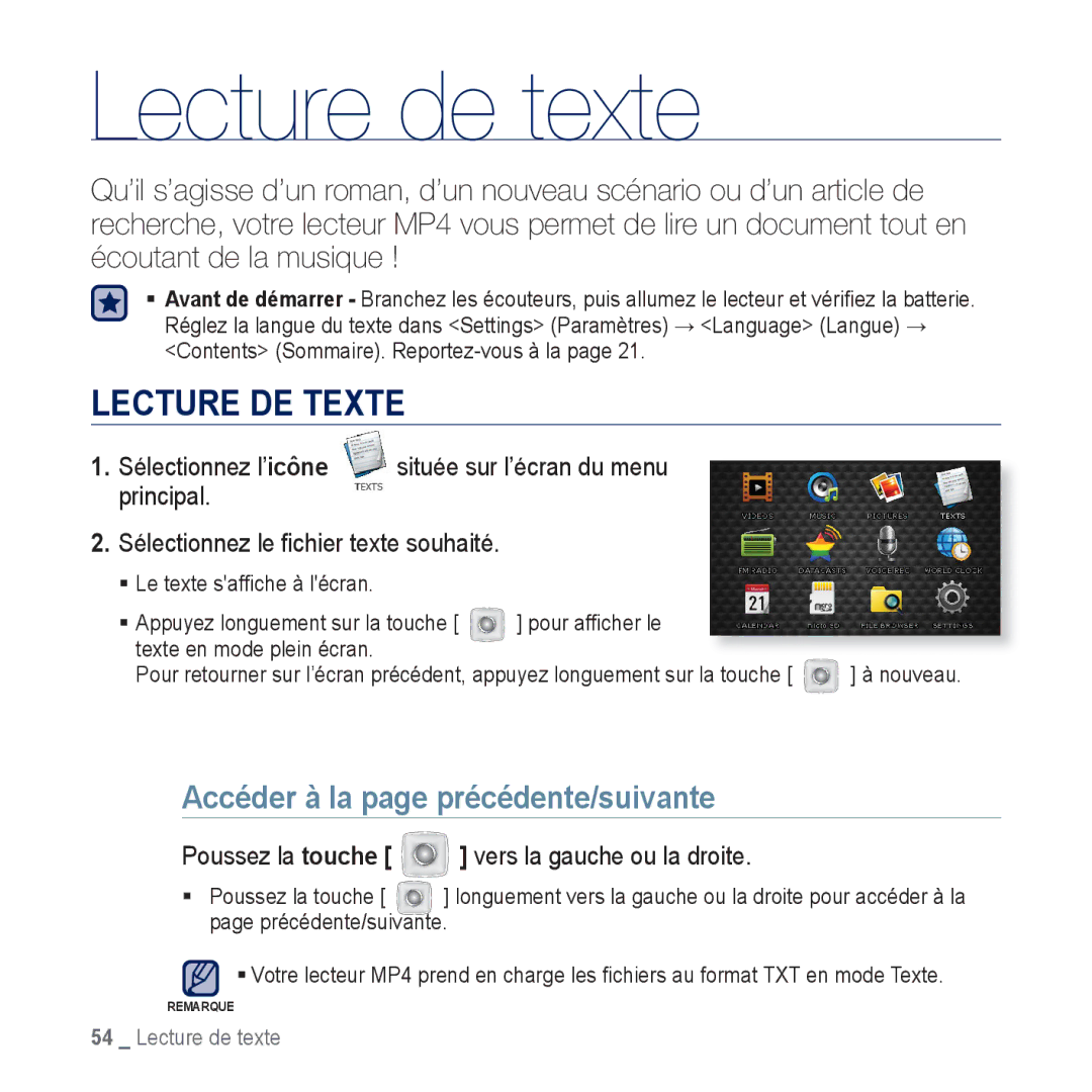 Samsung YP-CP3ABB/XEF, YP-CP3AB/XEF manual Lecture de texte, Lecture DE Texte, Accéder à la page précédente/suivante 