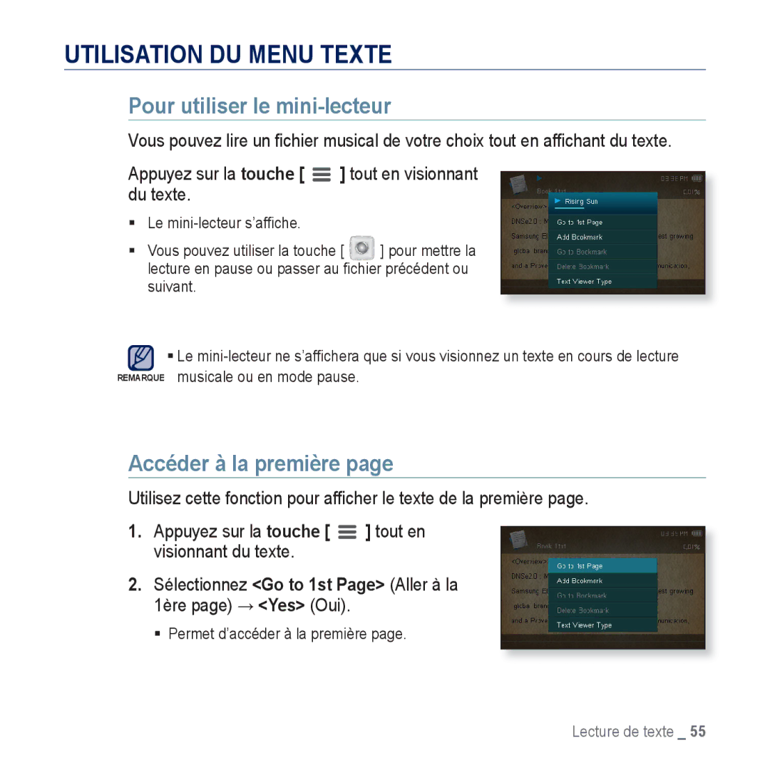 Samsung YP-CP3AB/XEF, YP-CP3ABB/XEF manual Utilisation DU Menu Texte, Accéder à la première 