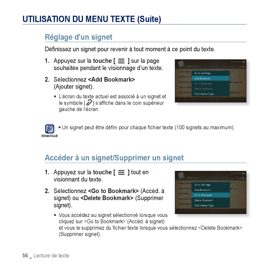 Samsung YP-CP3ABB/XEF, YP-CP3AB/XEF manual Utilisation DU Menu Texte Suite, Réglage dun signet 