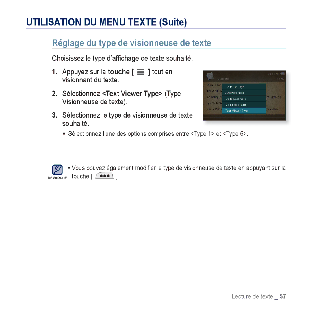 Samsung YP-CP3AB/XEF Réglage du type de visionneuse de texte, Sélectionnez Text Viewer Type Type Visionneuse de texte 