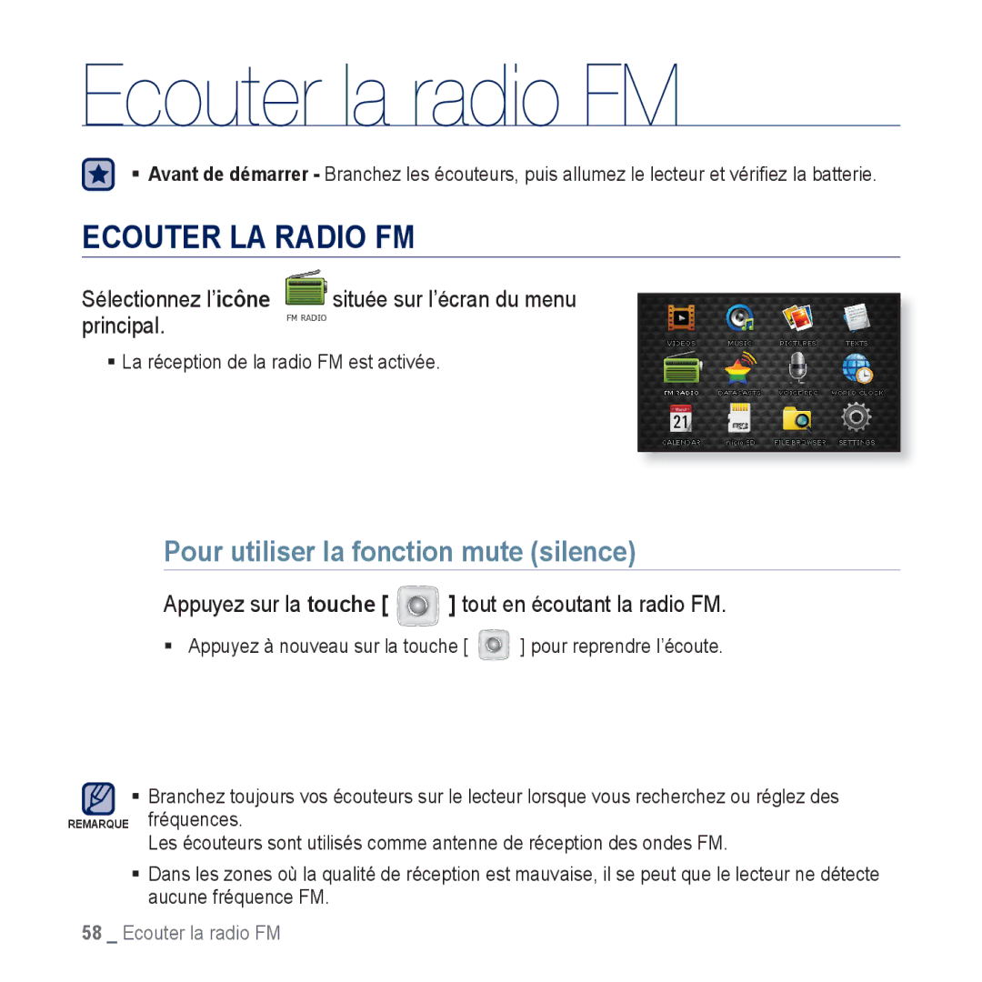 Samsung YP-CP3ABB/XEF, YP-CP3AB/XEF manual Ecouter la radio FM, Ecouter LA Radio FM, Pour utiliser la fonction mute silence 