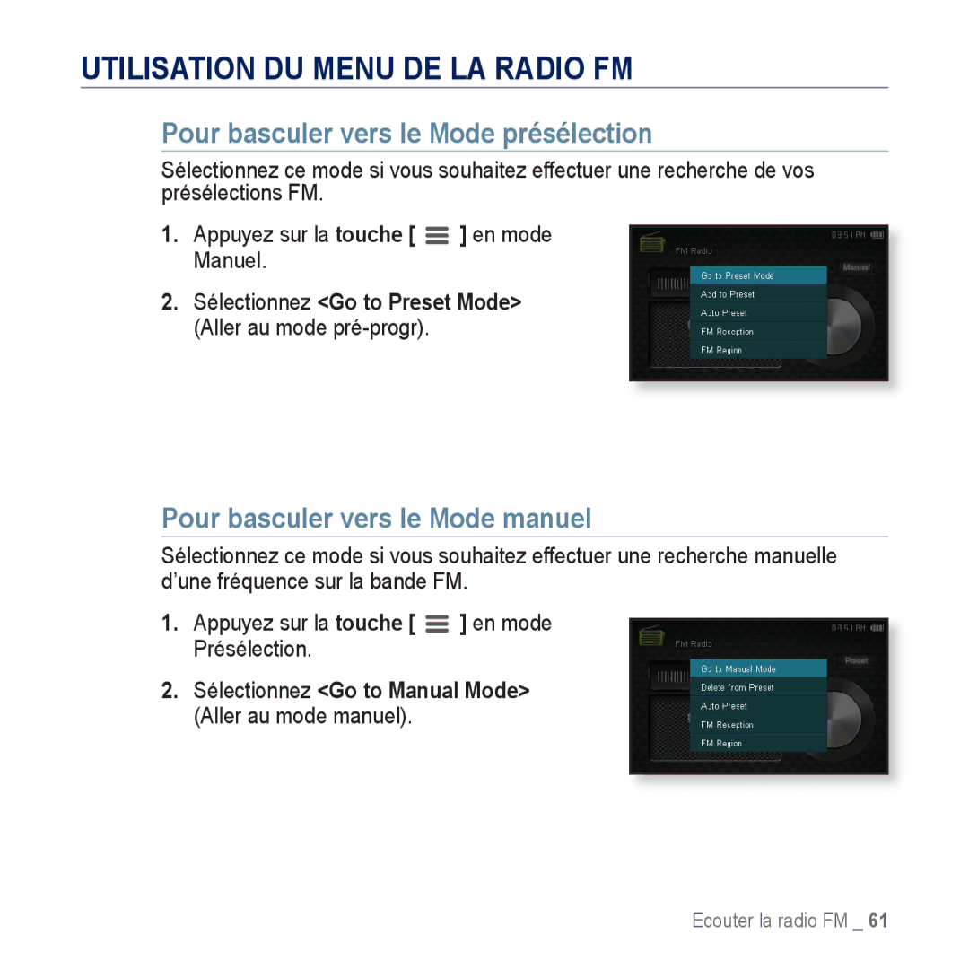 Samsung YP-CP3AB/XEF, YP-CP3ABB/XEF manual Utilisation DU Menu DE LA Radio FM, Pour basculer vers le Mode présélection 