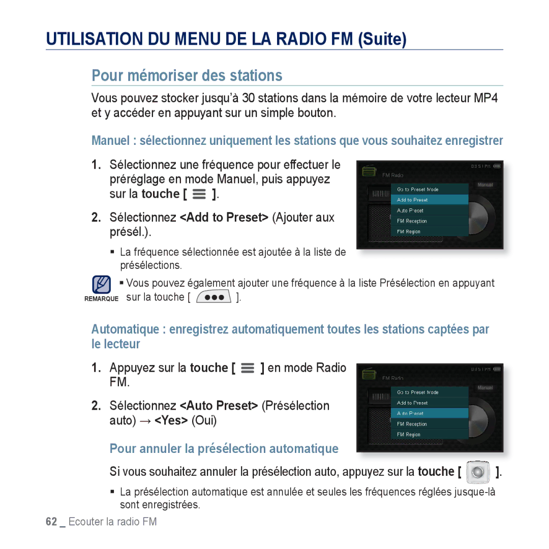 Samsung YP-CP3ABB/XEF, YP-CP3AB/XEF manual Utilisation DU Menu DE LA Radio FM Suite, Pour mémoriser des stations 