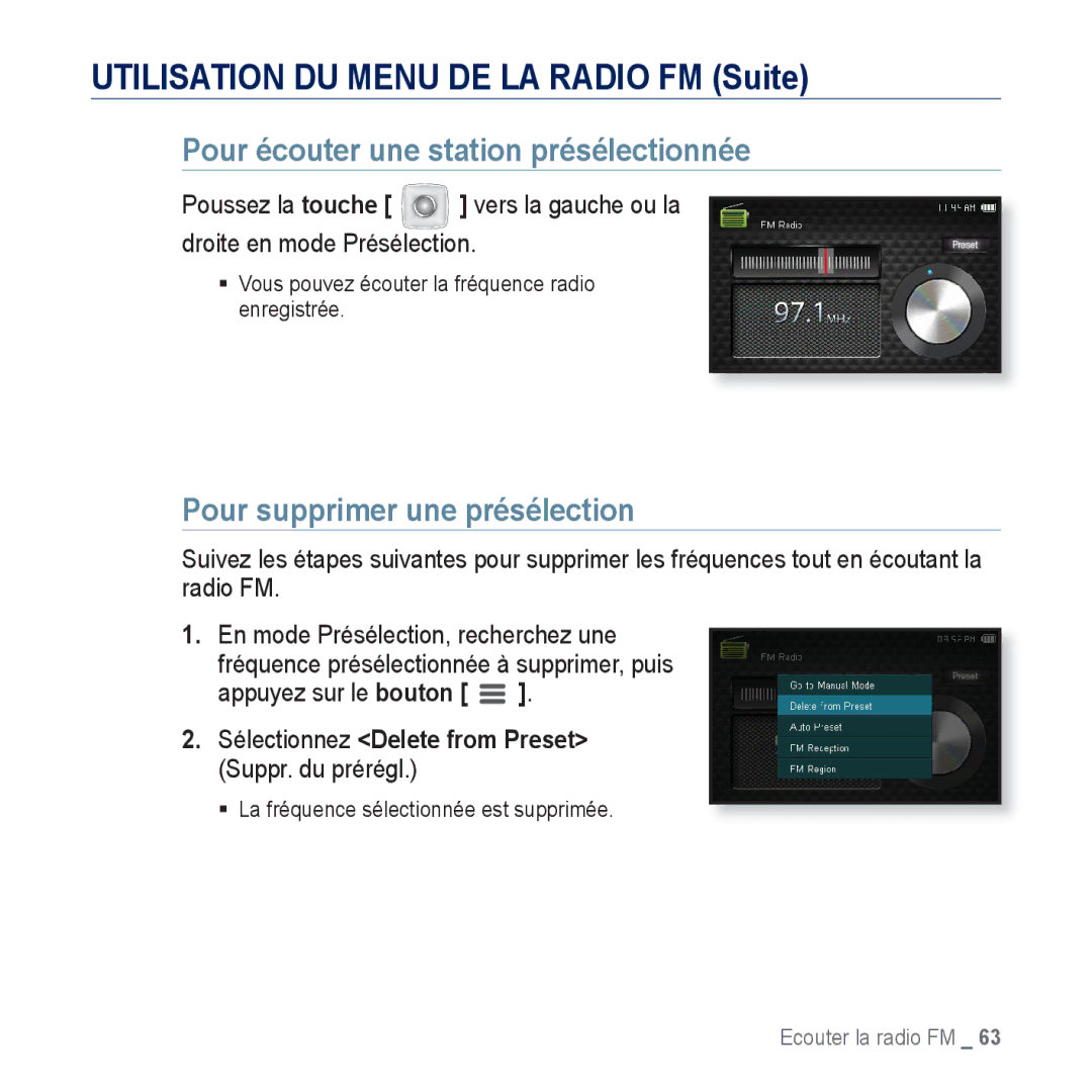 Samsung YP-CP3AB/XEF, YP-CP3ABB/XEF manual Pour écouter une station présélectionnée, Pour supprimer une présélection 