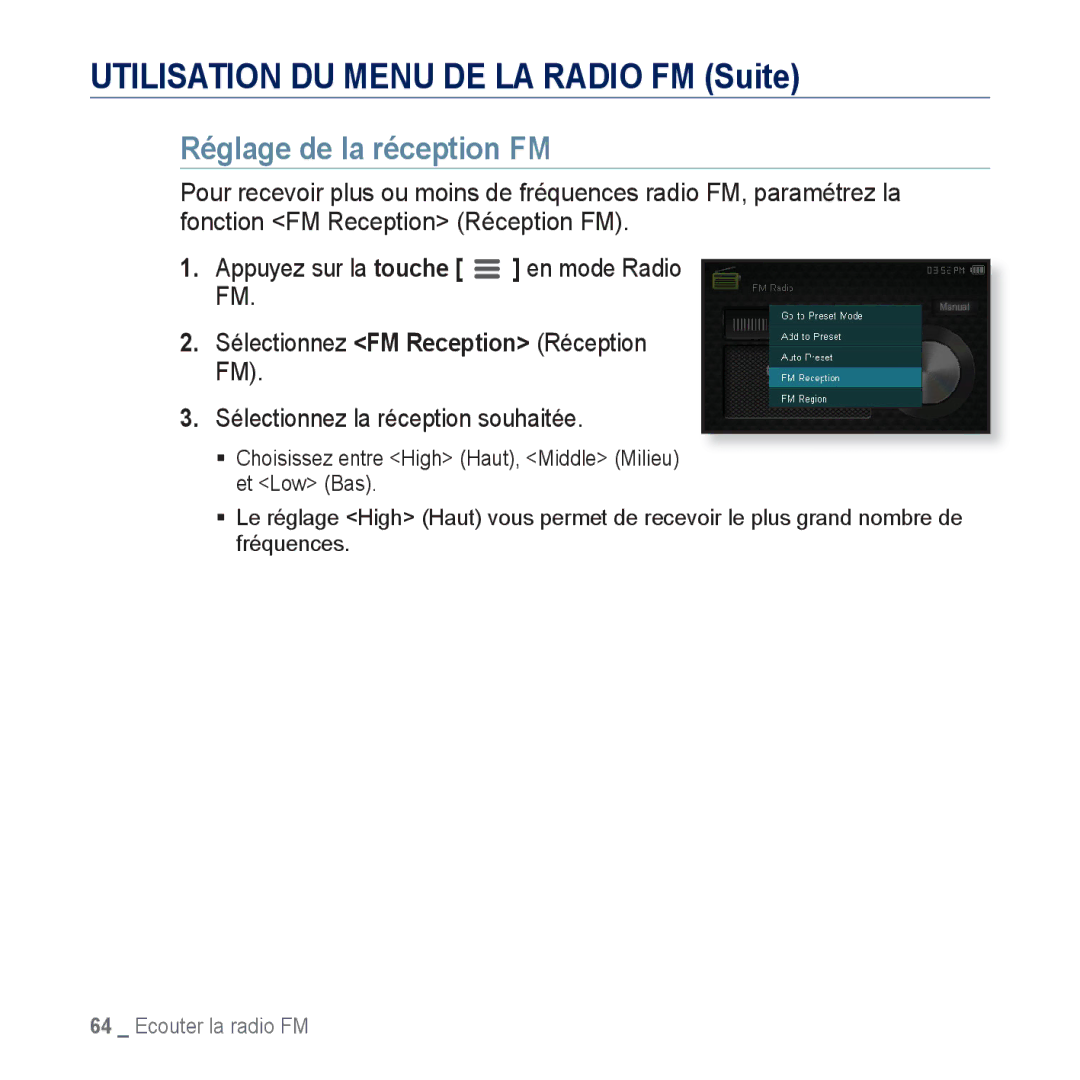 Samsung YP-CP3ABB/XEF, YP-CP3AB/XEF manual Réglage de la réception FM, Sélectionnez FM Reception Réception FM 