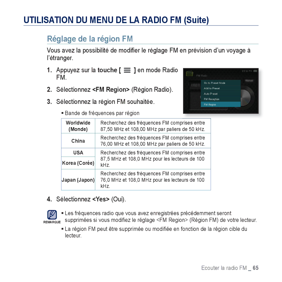 Samsung YP-CP3AB/XEF, YP-CP3ABB/XEF manual Réglage de la région FM, Sélectionnez Yes Oui 