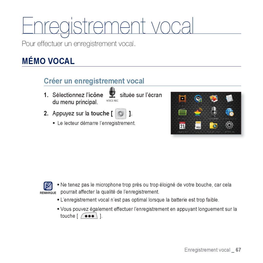 Samsung YP-CP3AB/XEF, YP-CP3ABB/XEF Enregistrement vocal, Mémo Vocal, Créer un enregistrement vocal, Du menu principal 