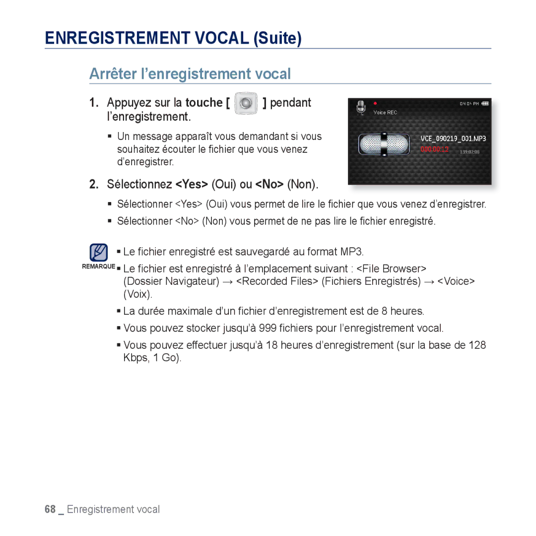 Samsung YP-CP3ABB/XEF manual Enregistrement Vocal Suite, Arrêter l’enregistrement vocal, Sélectionnez Yes Oui ou No Non 