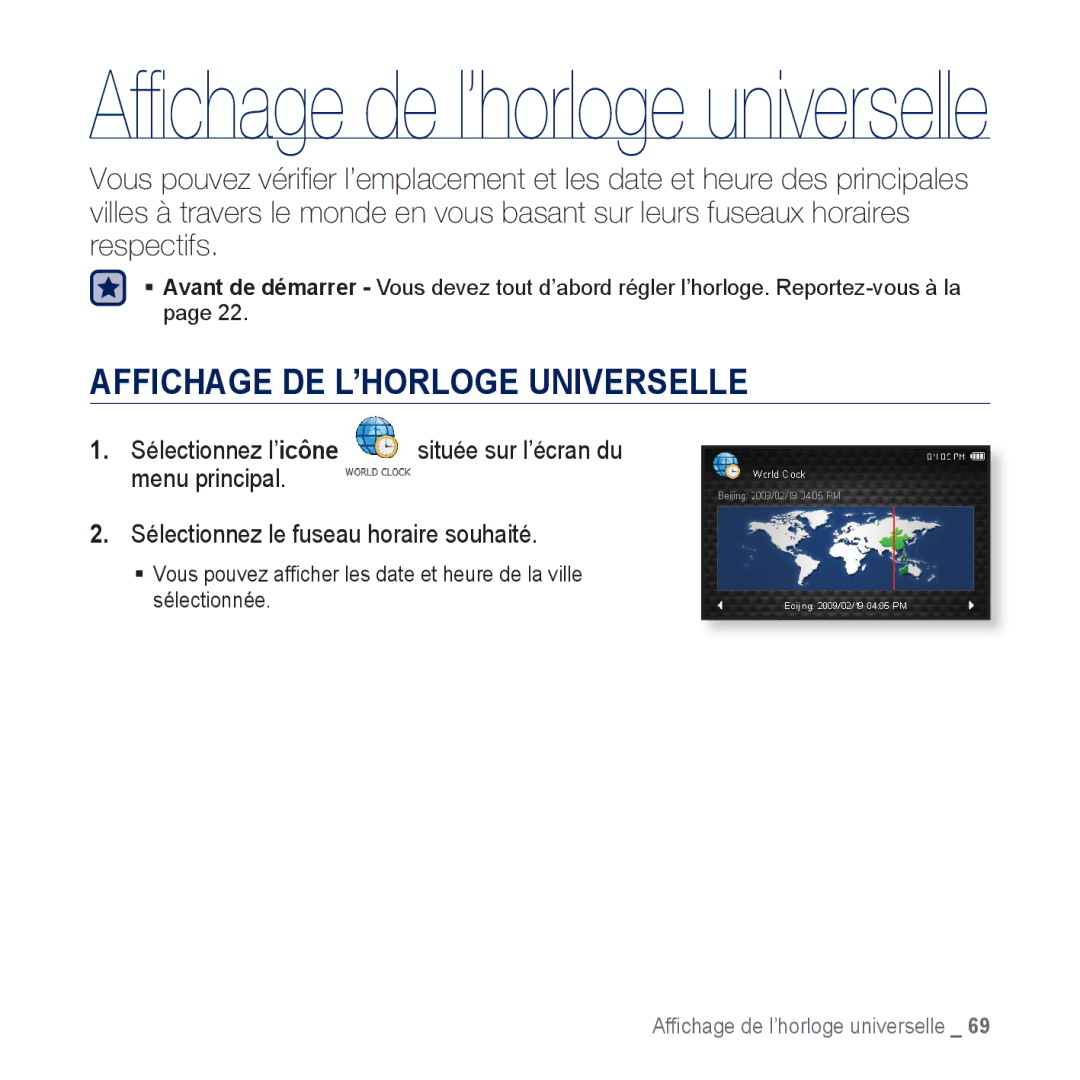 Samsung YP-CP3AB/XEF manual Affichage DE L’HORLOGE Universelle, Menu principal, Sélectionnez le fuseau horaire souhaité 