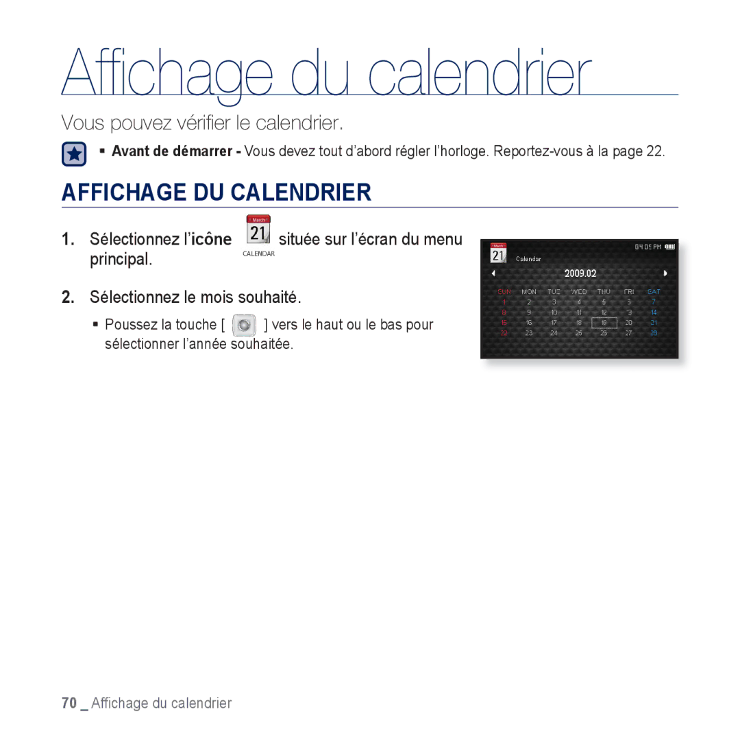 Samsung YP-CP3ABB/XEF, YP-CP3AB/XEF manual Afﬁchage du calendrier, Affichage DU Calendrier, Sélectionnez le mois souhaité 