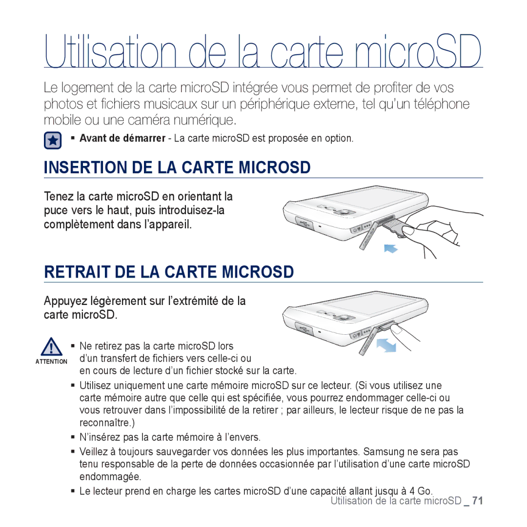 Samsung YP-CP3AB/XEF, YP-CP3ABB/XEF manual Insertion DE LA Carte Microsd, Retrait DE LA Carte Microsd 