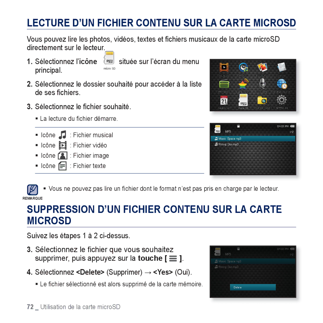 Samsung YP-CP3ABB/XEF, YP-CP3AB/XEF manual Suppression D’UN Fichier Contenu SUR LA Carte Microsd 