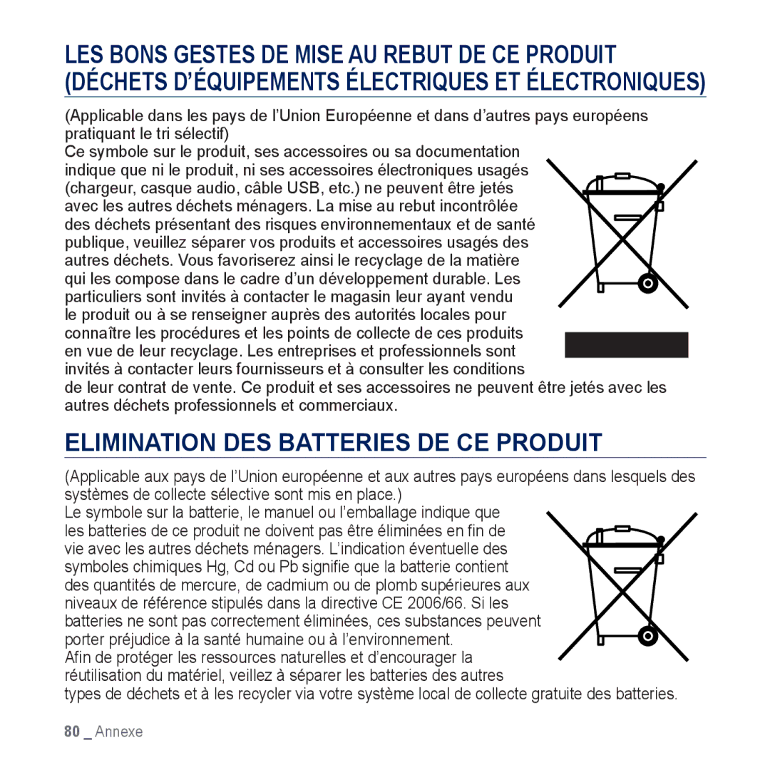 Samsung YP-CP3ABB/XEF, YP-CP3AB/XEF manual Elimination DES Batteries DE CE Produit 