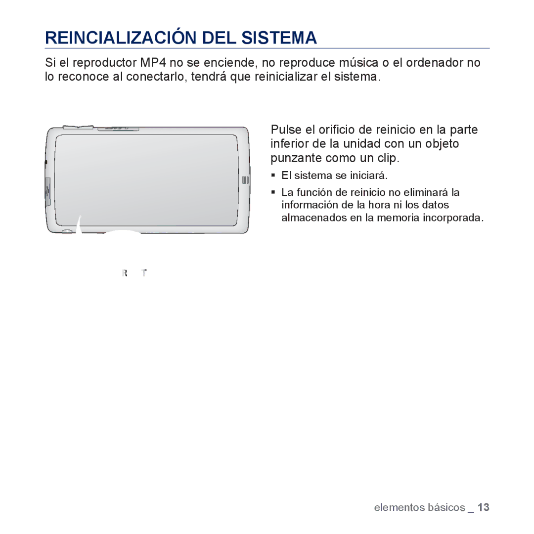 Samsung YP-CP3AB/CHN, YP-CP3AB/EDC manual Reincialización DEL Sistema 