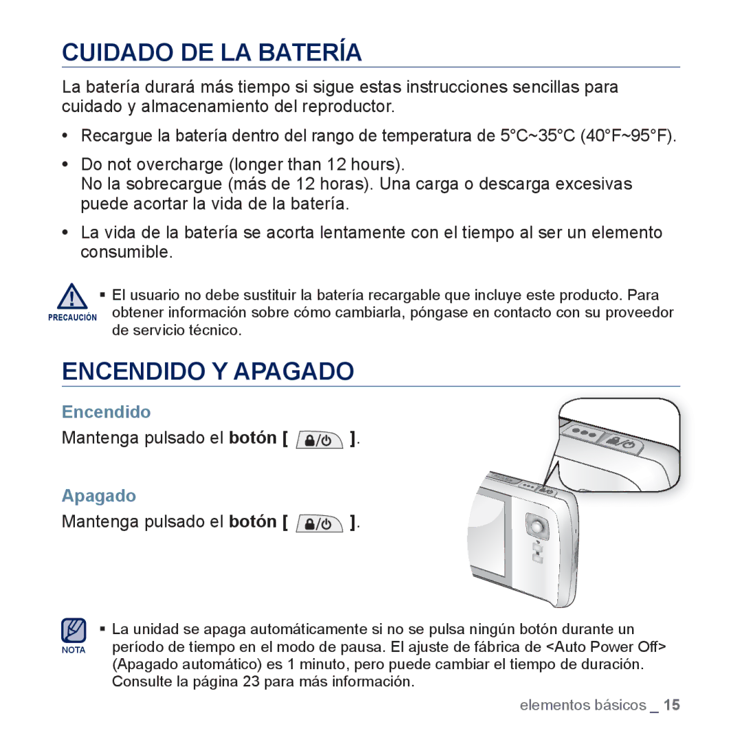 Samsung YP-CP3AB/CHN, YP-CP3AB/EDC manual Cuidado DE LA Batería, Encendido Y Apagado, Mantenga pulsado el botón 