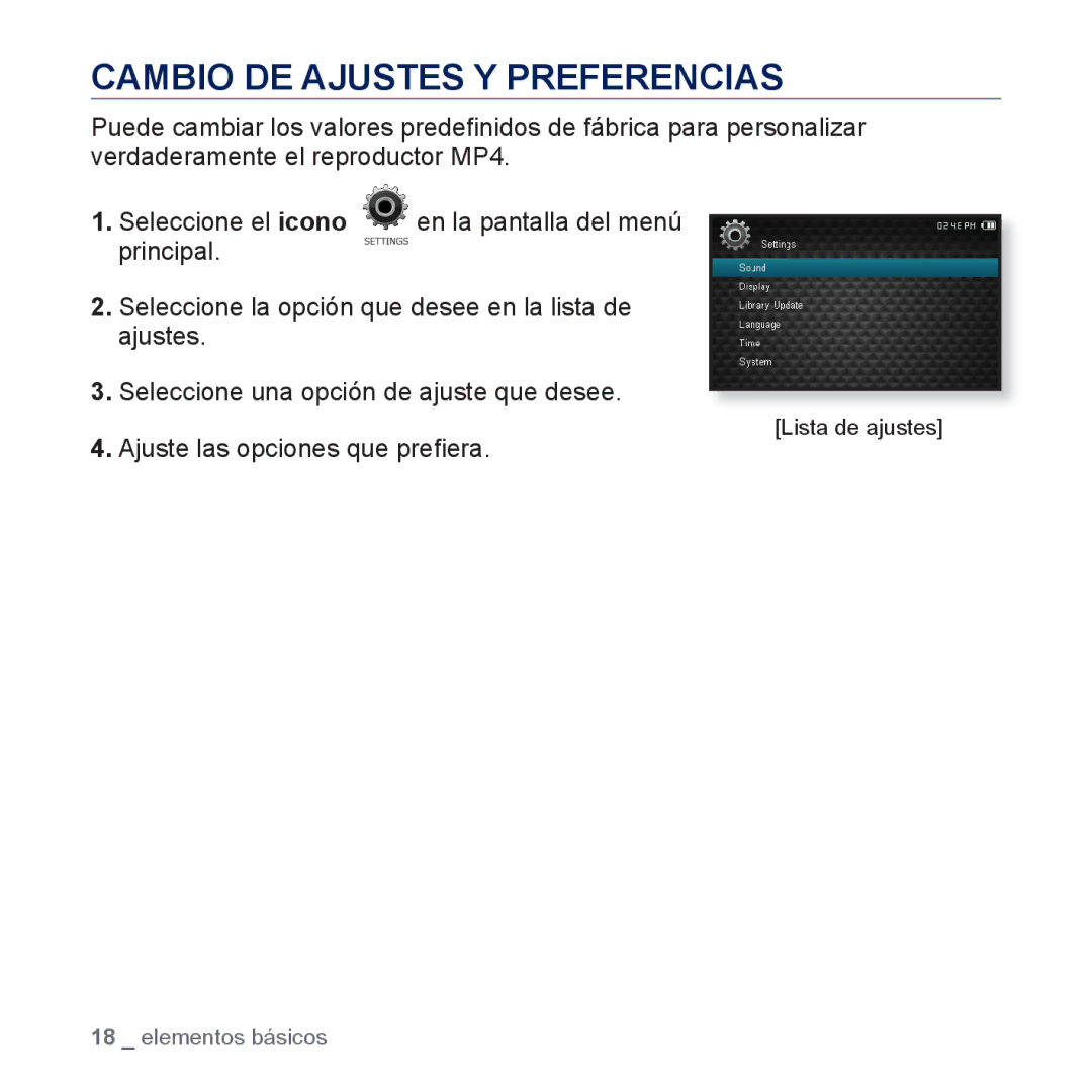 Samsung YP-CP3AB/EDC, YP-CP3AB/CHN manual Cambio DE Ajustes Y Preferencias 