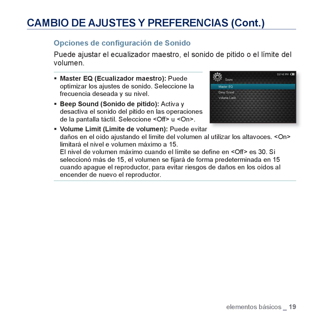 Samsung YP-CP3AB/CHN, YP-CP3AB/EDC manual Cambio DE Ajustes Y Preferencias, Opciones de conﬁguración de Sonido 