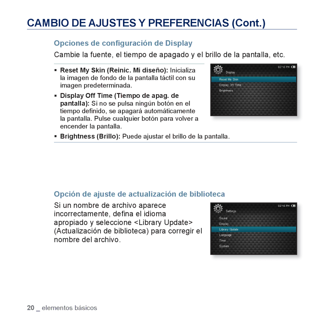 Samsung YP-CP3AB/EDC, YP-CP3AB/CHN Opciones de conﬁguración de Display, Opción de ajuste de actualización de biblioteca 