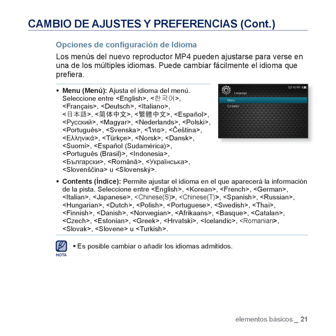 Samsung YP-CP3AB/CHN, YP-CP3AB/EDC manual Opciones de conﬁguración de Idioma 