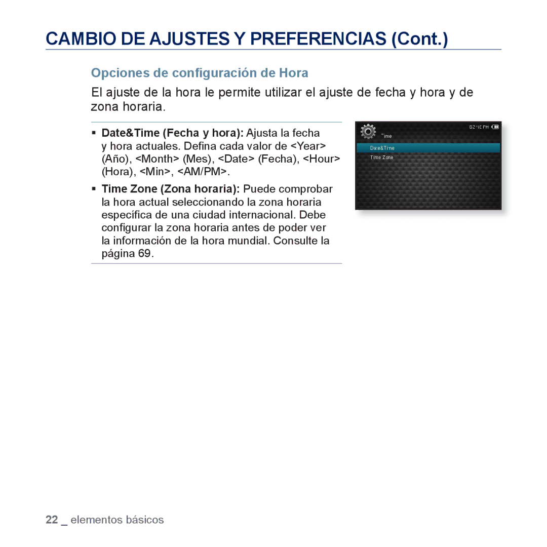 Samsung YP-CP3AB/EDC, YP-CP3AB/CHN manual Opciones de conﬁguración de Hora 