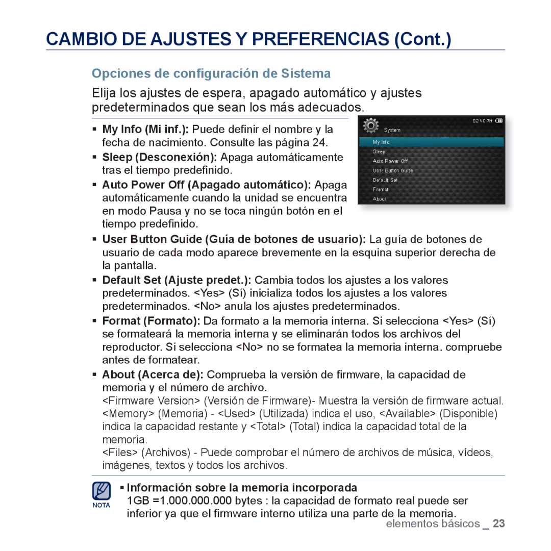 Samsung YP-CP3AB/CHN, YP-CP3AB/EDC manual Opciones de conﬁguración de Sistema, ƒ Información sobre la memoria incorporada 