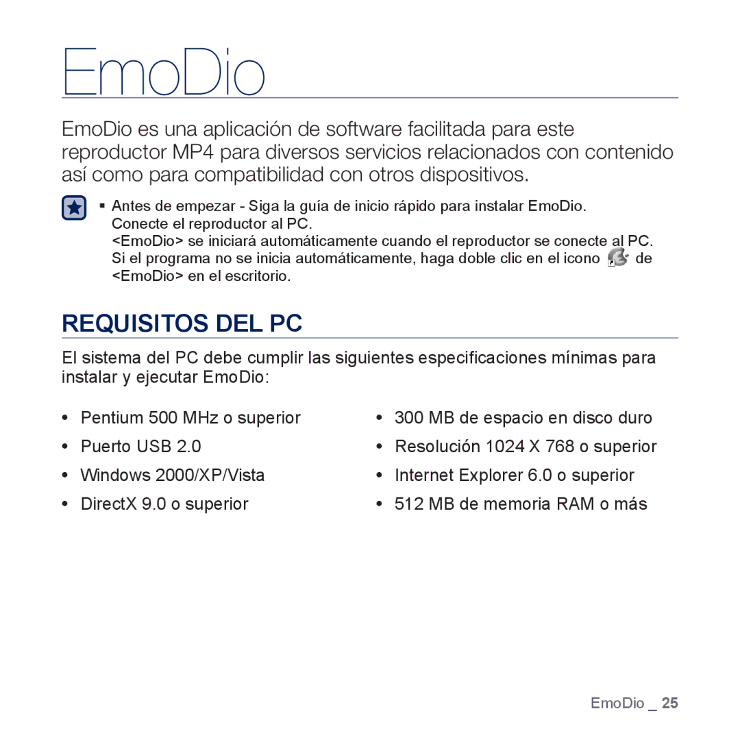 Samsung YP-CP3AB/CHN, YP-CP3AB/EDC manual EmoDio, Requisitos DEL PC 