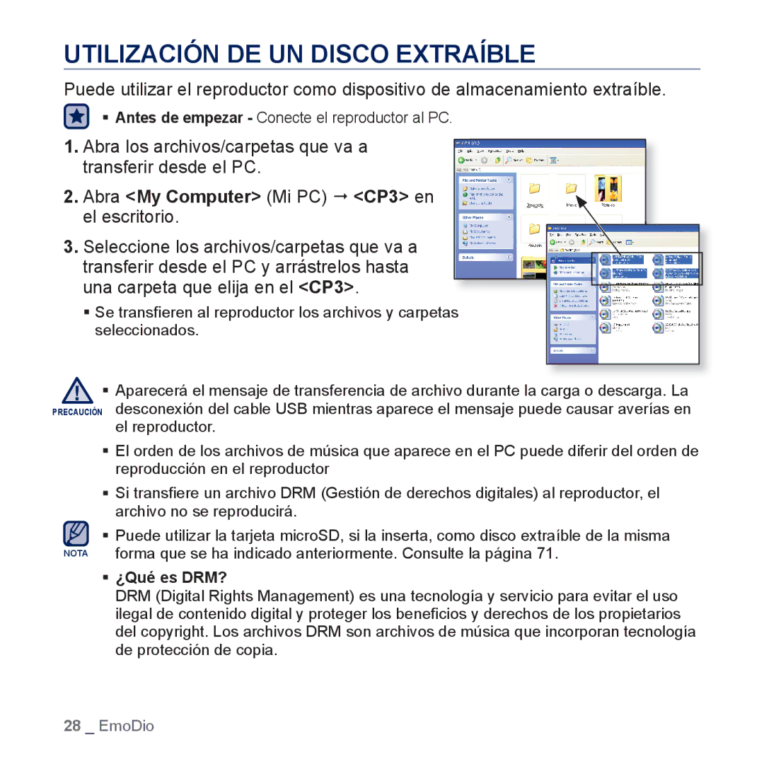 Samsung YP-CP3AB/EDC manual Utilización DE UN Disco Extraíble, Abra los archivos/carpetas que va a transferir desde el PC 