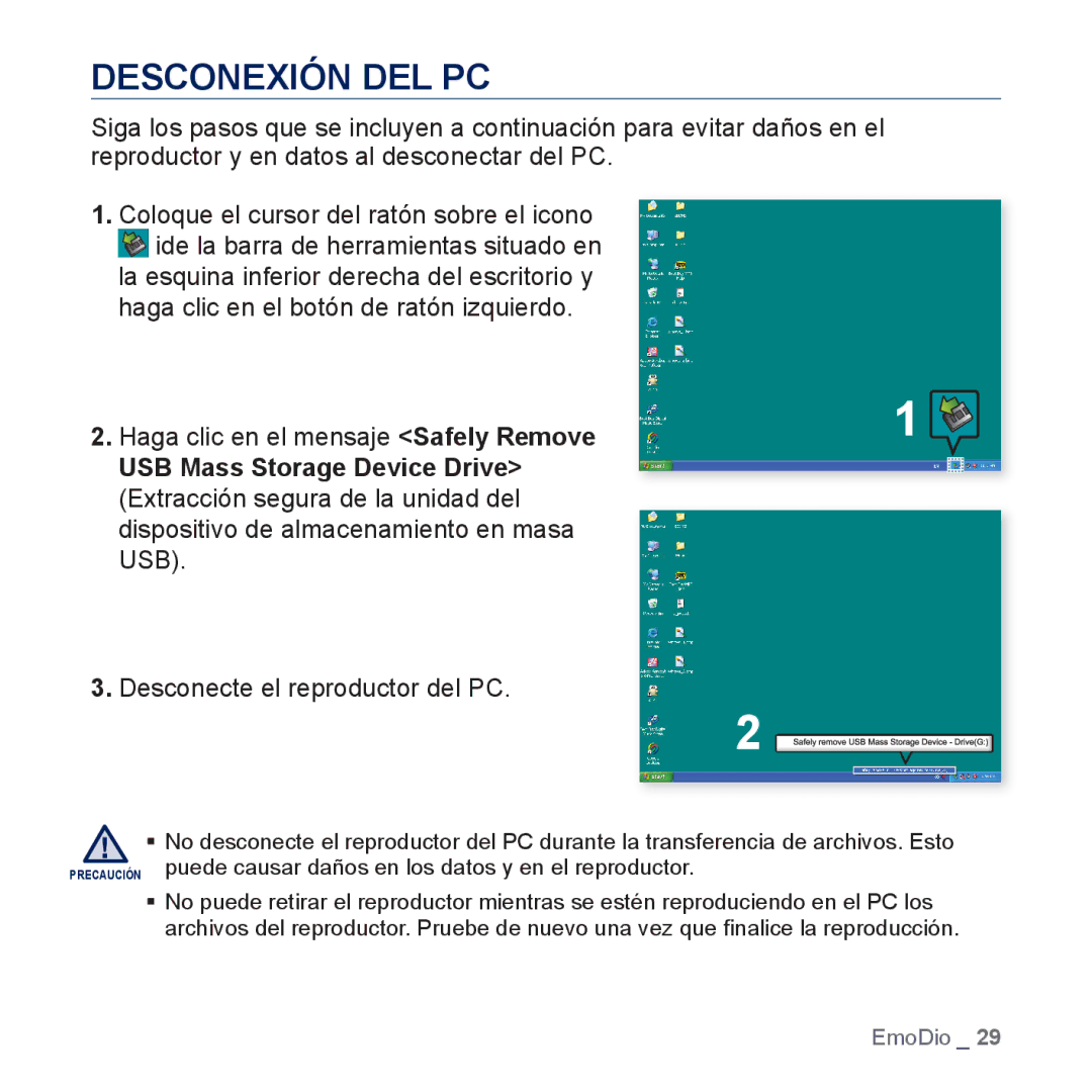 Samsung YP-CP3AB/CHN, YP-CP3AB/EDC manual Desconexión DEL PC, Desconecte el reproductor del PC 