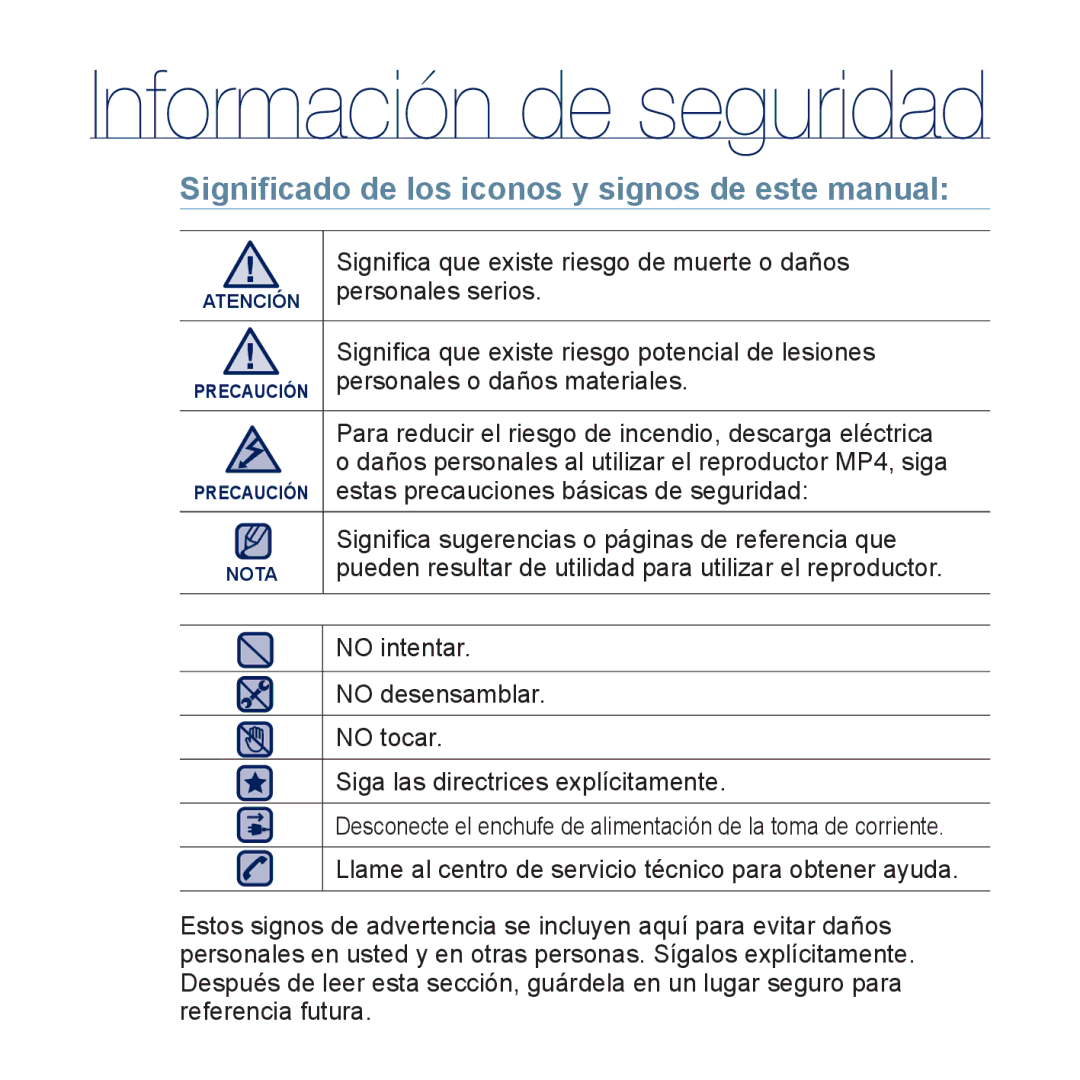 Samsung YP-CP3AB/CHN, YP-CP3AB/EDC Signiﬁcado de los iconos y signos de este manual 