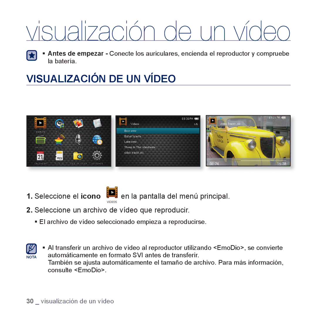 Samsung YP-CP3AB/EDC, YP-CP3AB/CHN manual Visualización de un vídeo, Visualización DE UN Vídeo 