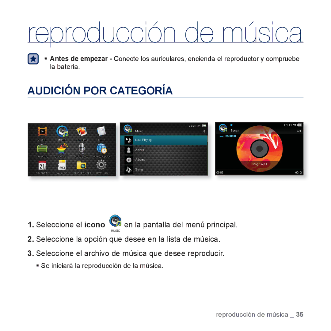 Samsung YP-CP3AB/CHN, YP-CP3AB/EDC manual Reproducción de música, Audición POR Categoría 