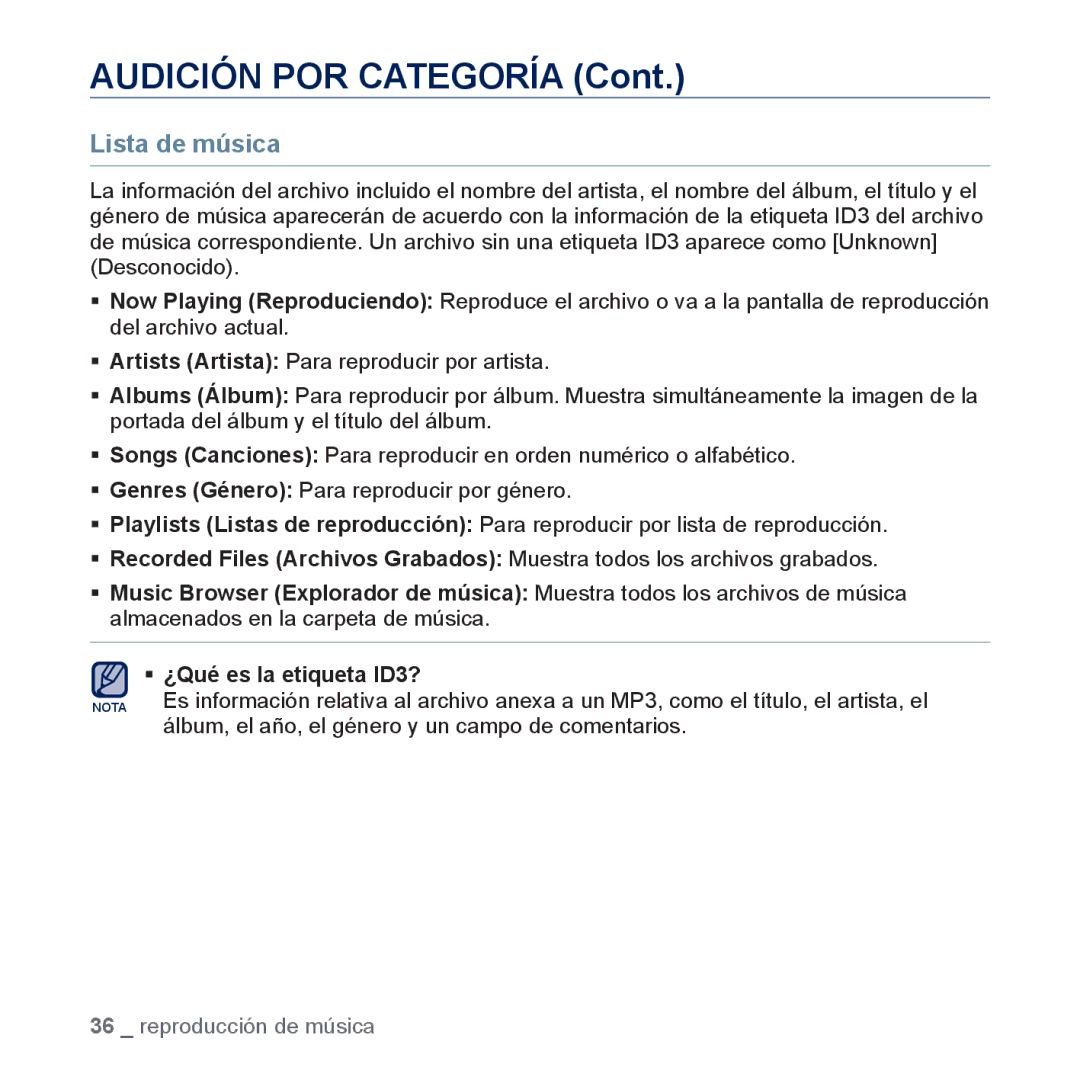 Samsung YP-CP3AB/EDC, YP-CP3AB/CHN manual Audición POR Categoría, Lista de música 