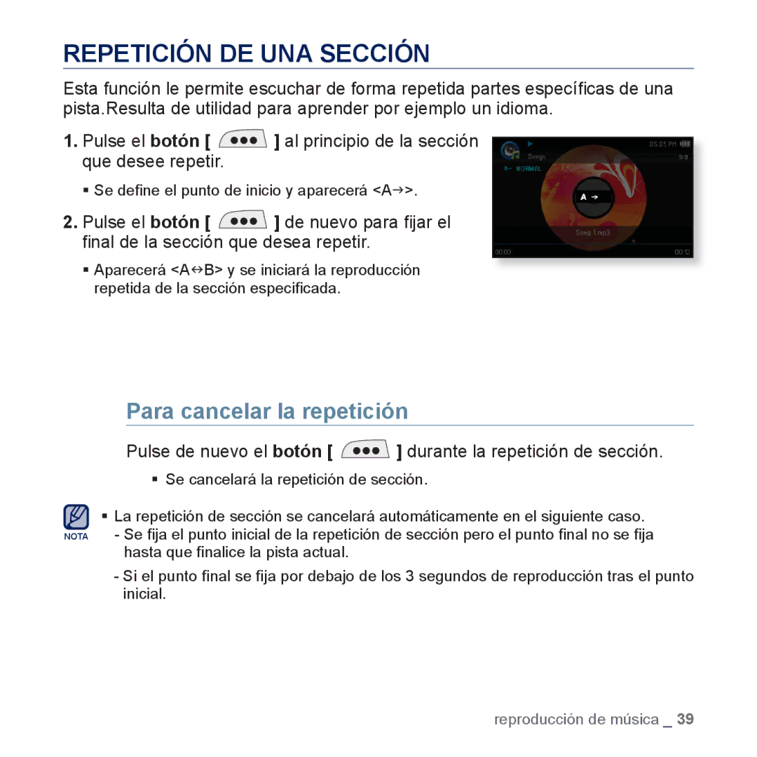 Samsung YP-CP3AB/CHN, YP-CP3AB/EDC manual Repetición DE UNA Sección, Para cancelar la repetición 