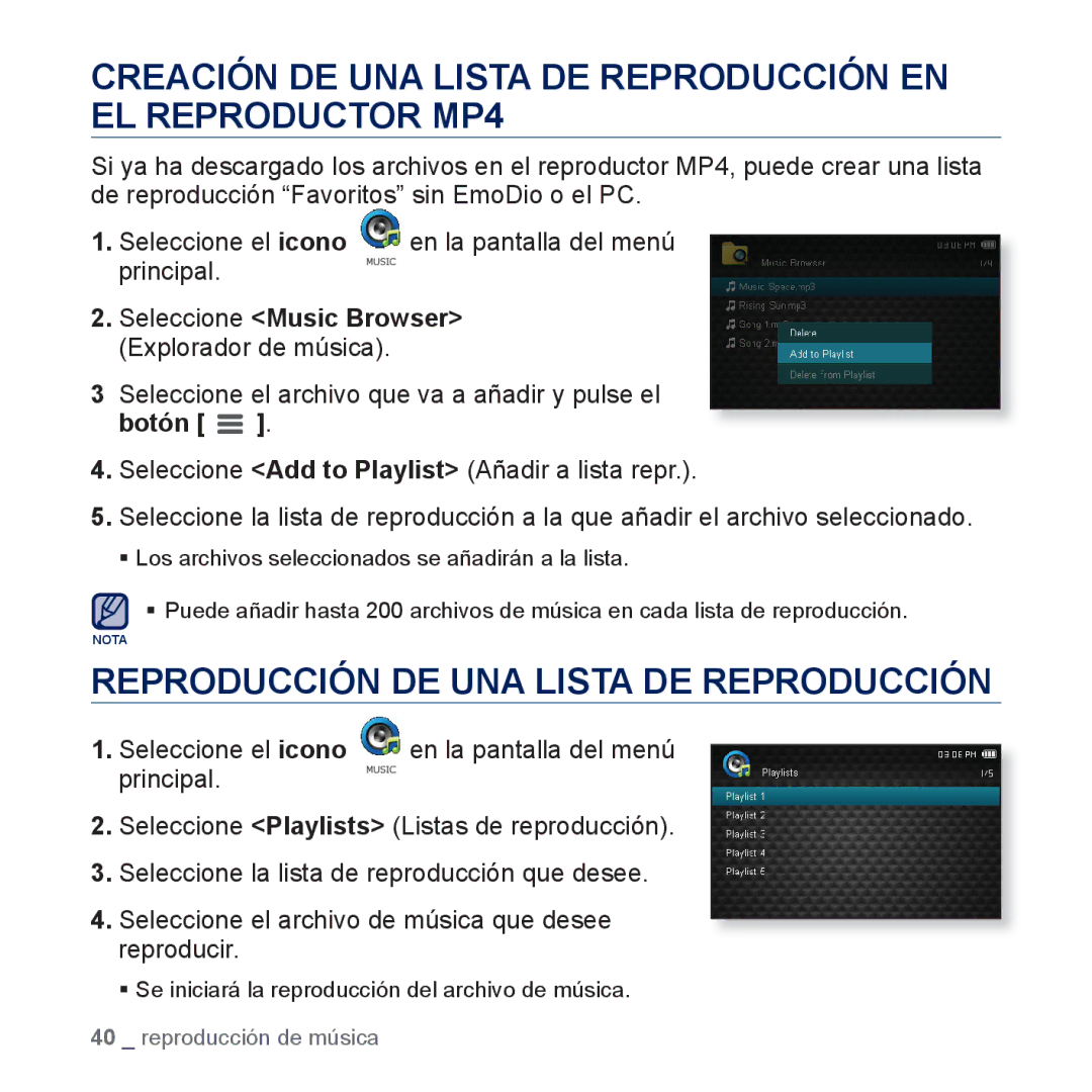 Samsung YP-CP3AB/EDC, YP-CP3AB/CHN manual Creación DE UNA Lista DE Reproducción EN EL Reproductor MP4 