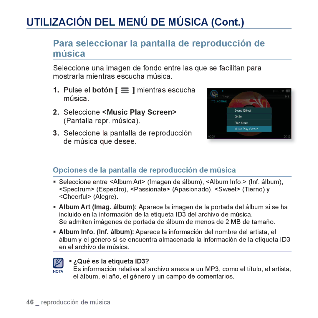 Samsung YP-CP3AB/EDC, YP-CP3AB/CHN manual Para seleccionar la pantalla de reproducción de música 