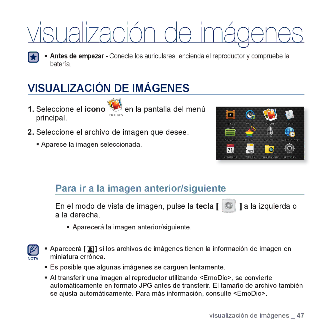 Samsung YP-CP3AB/CHN, YP-CP3AB/EDC manual Visualización DE Imágenes, Para ir a la imagen anterior/siguiente 