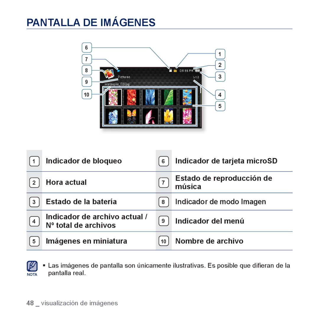 Samsung YP-CP3AB/EDC, YP-CP3AB/CHN manual Pantalla DE Imágenes 