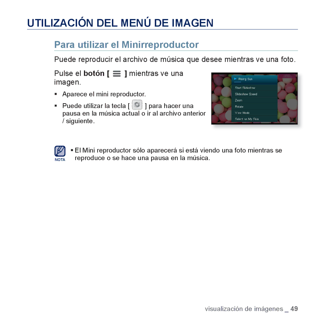 Samsung YP-CP3AB/CHN, YP-CP3AB/EDC manual Utilización DEL Menú DE Imagen, Para utilizar el Minirreproductor 