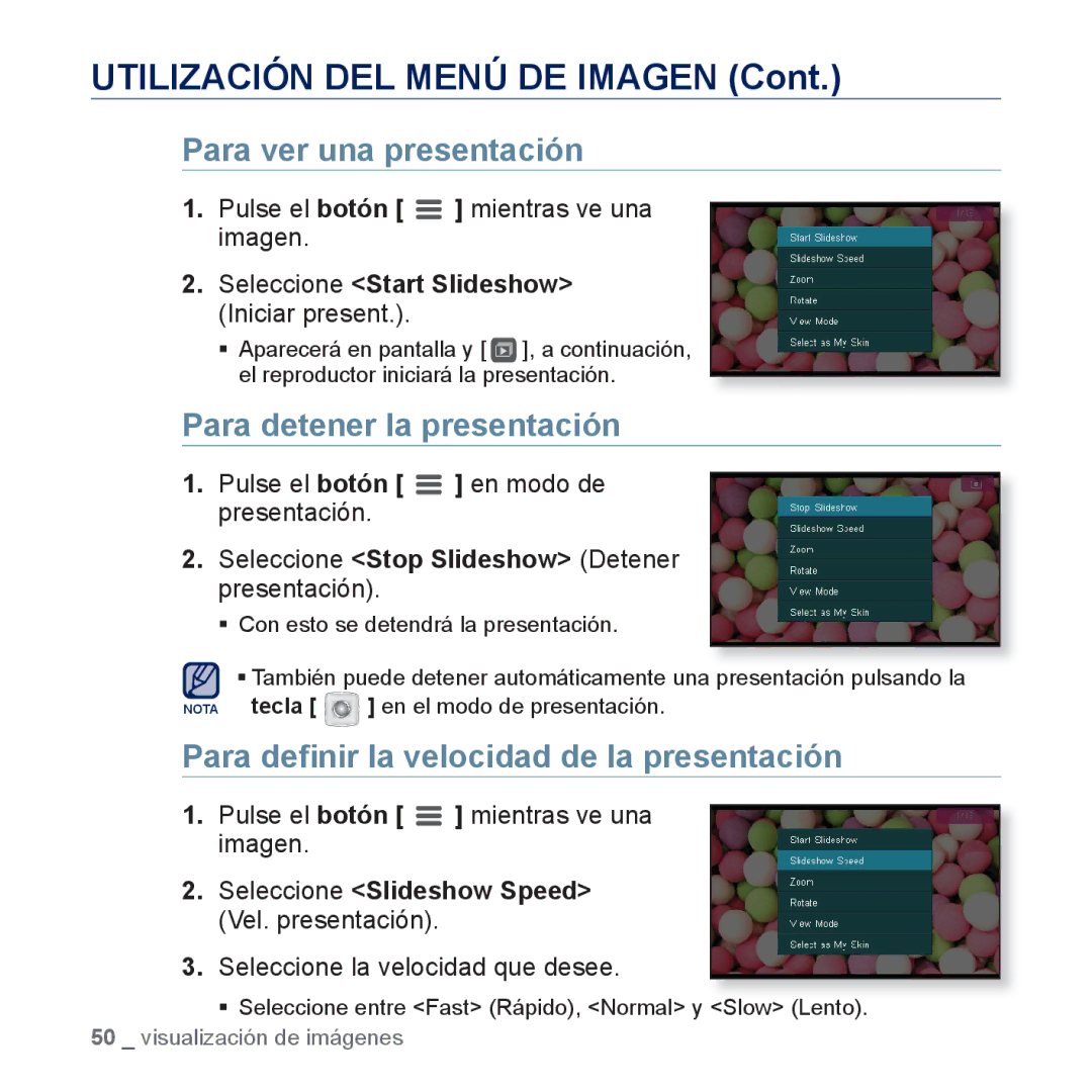 Samsung YP-CP3AB/EDC, YP-CP3AB/CHN Utilización DEL Menú DE Imagen, Para ver una presentación, Para detener la presentación 