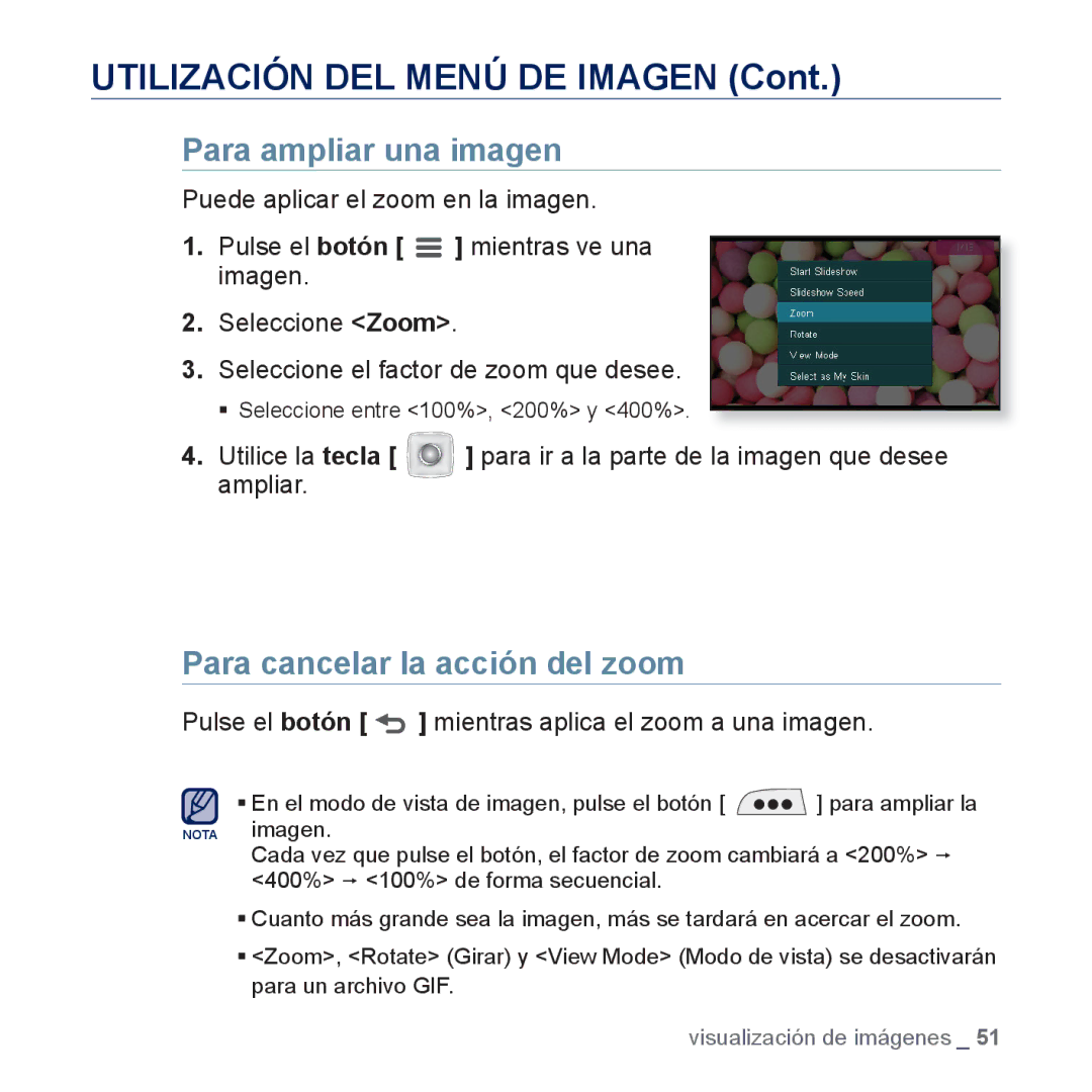 Samsung YP-CP3AB/CHN, YP-CP3AB/EDC manual Para ampliar una imagen, Para cancelar la acción del zoom 